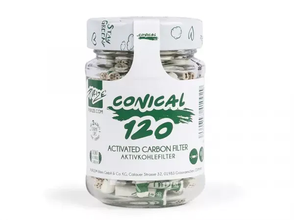 PURIZE Conical XTRA Slim – 120 weiße, konische Aktivkohlefilter im Glas, Ø 5–6 mm × 25 mm, Keramikkappen